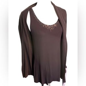 Eileen Fisher system twinset plum purple beaded cami with cardigan set XS